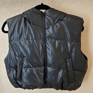 H&M Cropped Faux Leather Puffer Vest with Hood